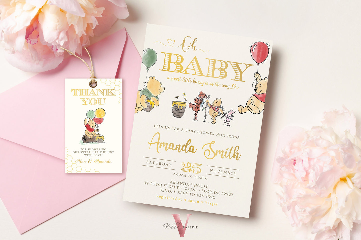 Winnie the Pooh Baby Shower Invitation | Editable Printable Beige Gold Pooh Baby Shower Party Invite | Honey Bee Gender Reveal Party Invite