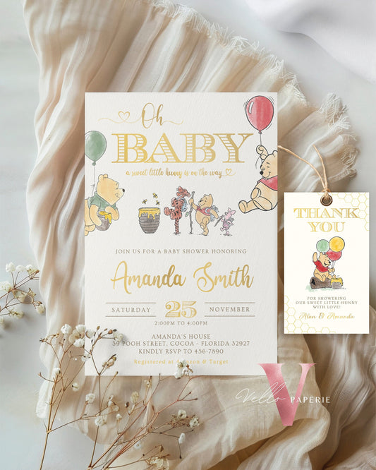 Winnie the Pooh Baby Shower Invitation | Editable Printable Beige Gold Pooh Baby Shower Party Invite | Honey Bee Gender Reveal Party Invite