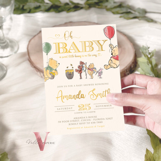 Winnie the Pooh Baby Shower Invitation | Editable Printable Beige Gold Pooh Baby Shower Party Invite | Honey Bee Gender Reveal Party Invite