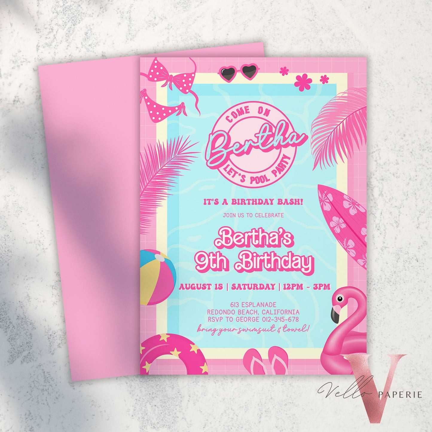 Pink Doll Pool Birthday Invitation | Editable Printable Malibu Pool Party Invite | Pink Blue Malibu Come On Lets Go Party Instant  PDP01