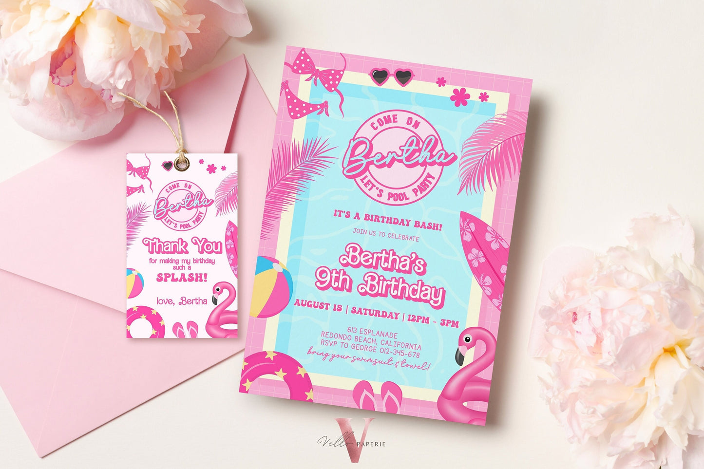 Pink Doll Pool Birthday Invitation | Editable Printable Malibu Pool Party Invite | Pink Blue Malibu Come On Lets Go Party Instant  PDP01