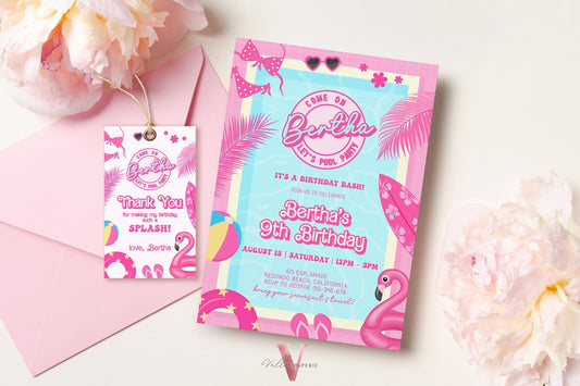 Pink Doll Pool Birthday Invitation | Editable Printable Malibu Pool Party Invite | Pink Blue Malibu Come On Lets Go Party Instant  PDP01