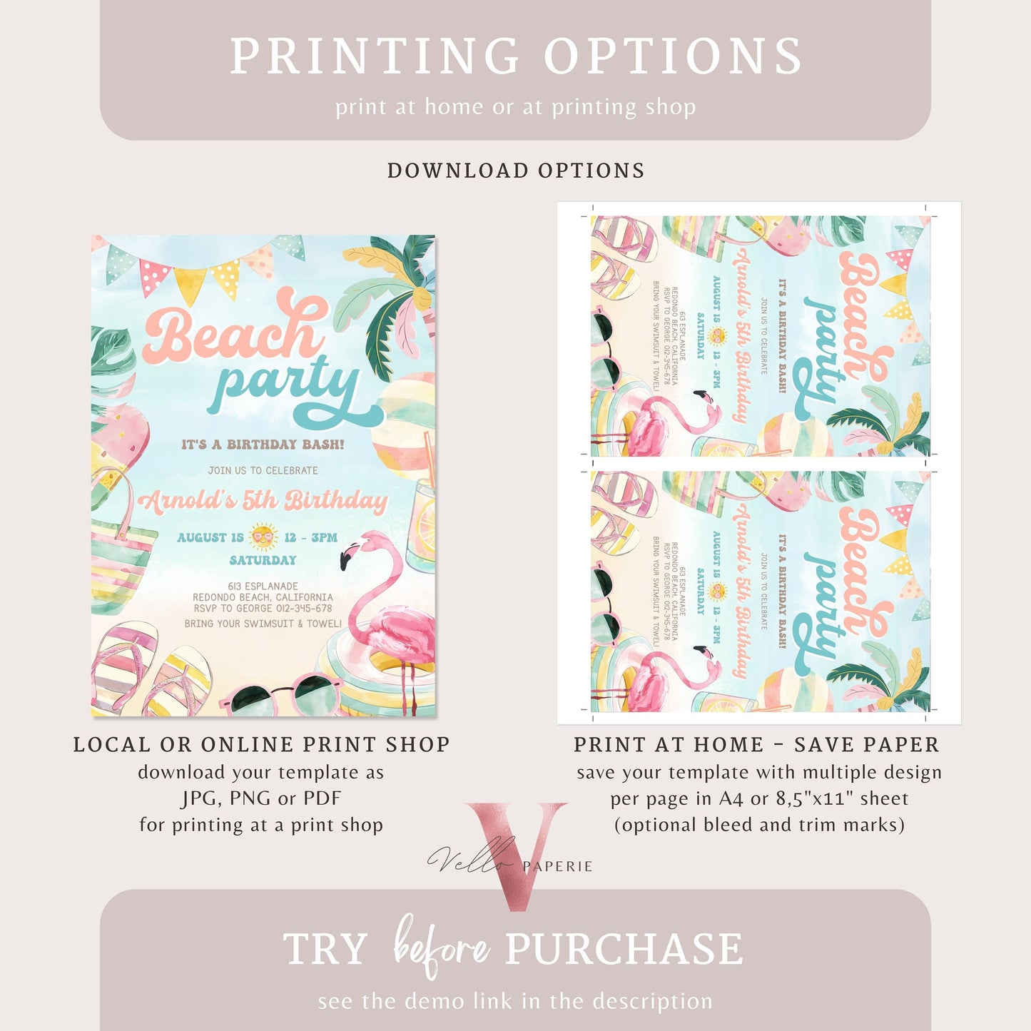 Editable Beach Birthday Party Invitation | Watercolor Summer Party Invite | Peach Turquoise Beach Party Invite Teen Birthday Bash Instant