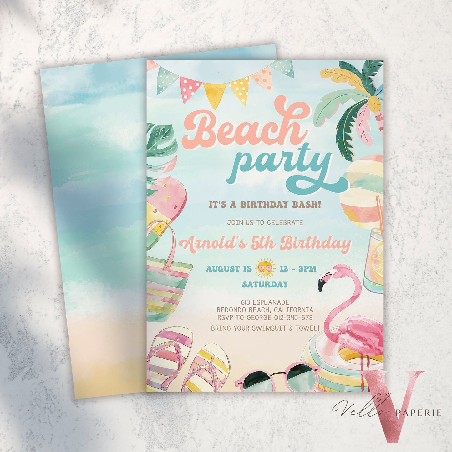 Editable Beach Birthday Party Invitation | Watercolor Summer Party Invite | Peach Turquoise Beach Party Invite Teen Birthday Bash Instant