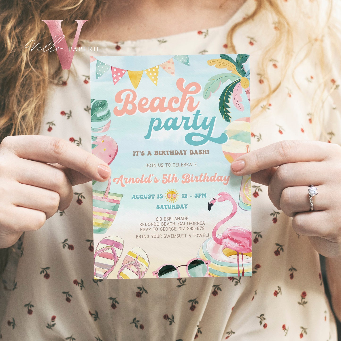 Editable Beach Birthday Party Invitation | Watercolor Summer Party Invite | Peach Turquoise Beach Party Invite Teen Birthday Bash Instant