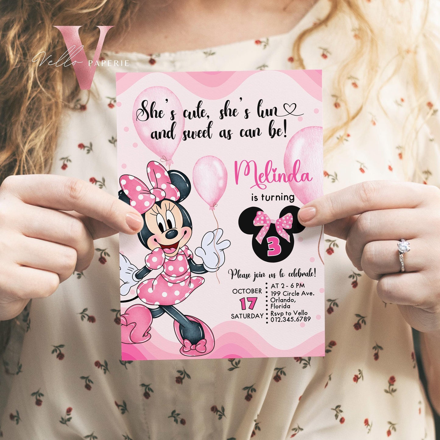 Self Editable Any Age Oh Balloons Minnie Mouse Birthday Invitation, Light Pink Polka Dot Invite, Small Girl Birthday Party Instant Template