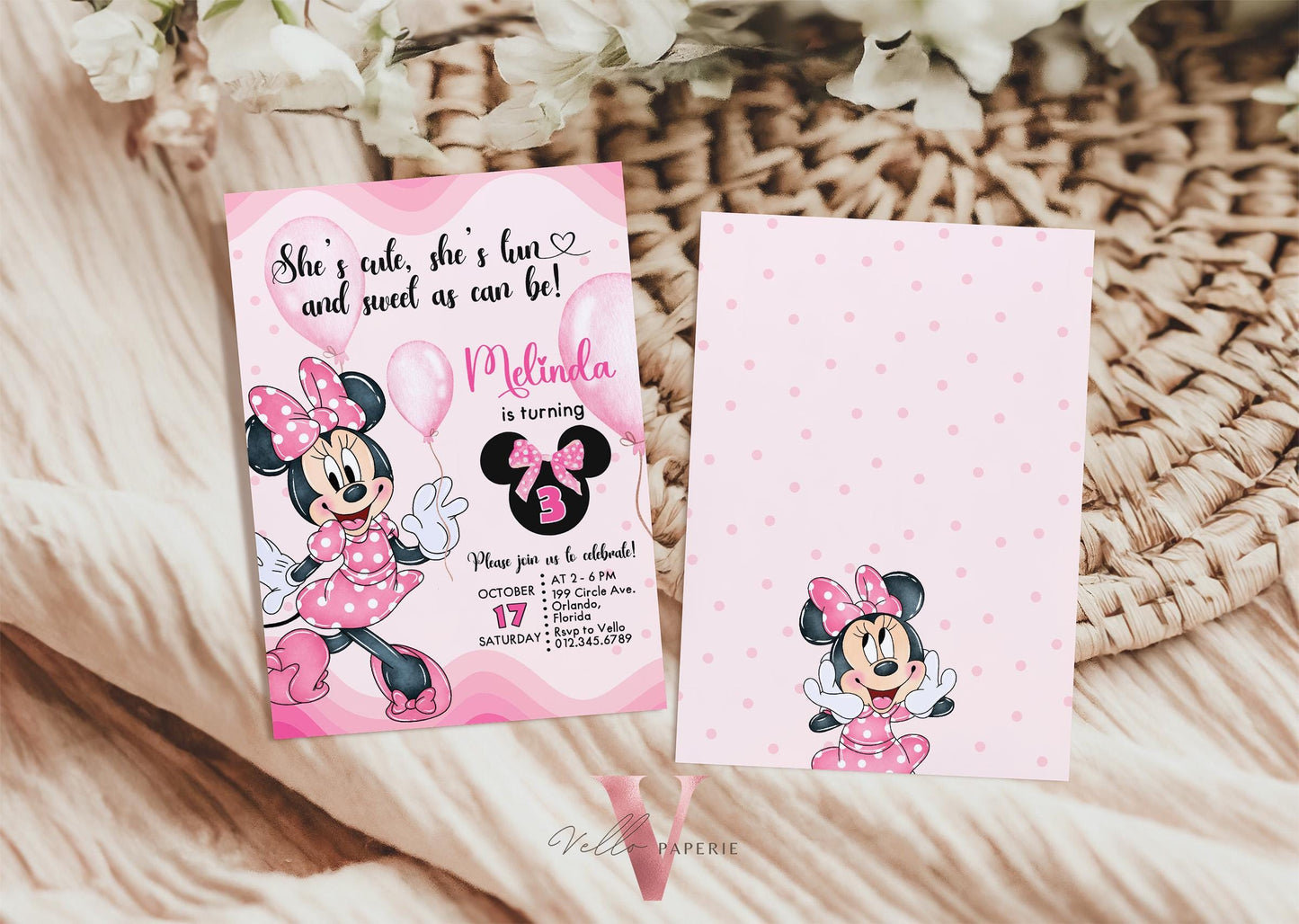 Self Editable Any Age Oh Balloons Minnie Mouse Birthday Invitation, Light Pink Polka Dot Invite, Small Girl Birthday Party Instant Template