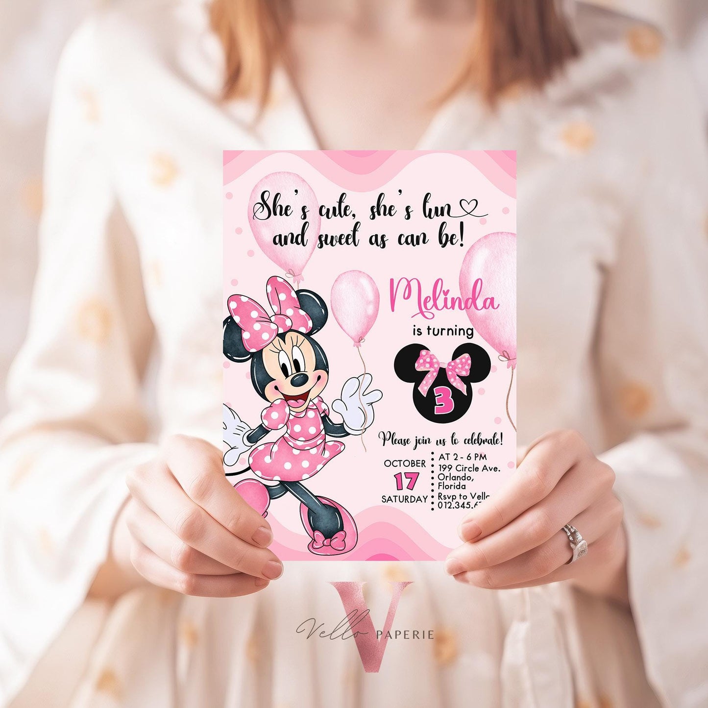 Self Editable Any Age Oh Balloons Minnie Mouse Birthday Invitation, Light Pink Polka Dot Invite, Small Girl Birthday Party Instant Template