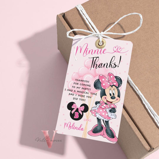 Self Edit Any Age Minnie Thanks Minnie Mouse Birthday Thankyou Card | Editable Watercolor Small Girl Birthday Party Favor Tag | Gift MMB02