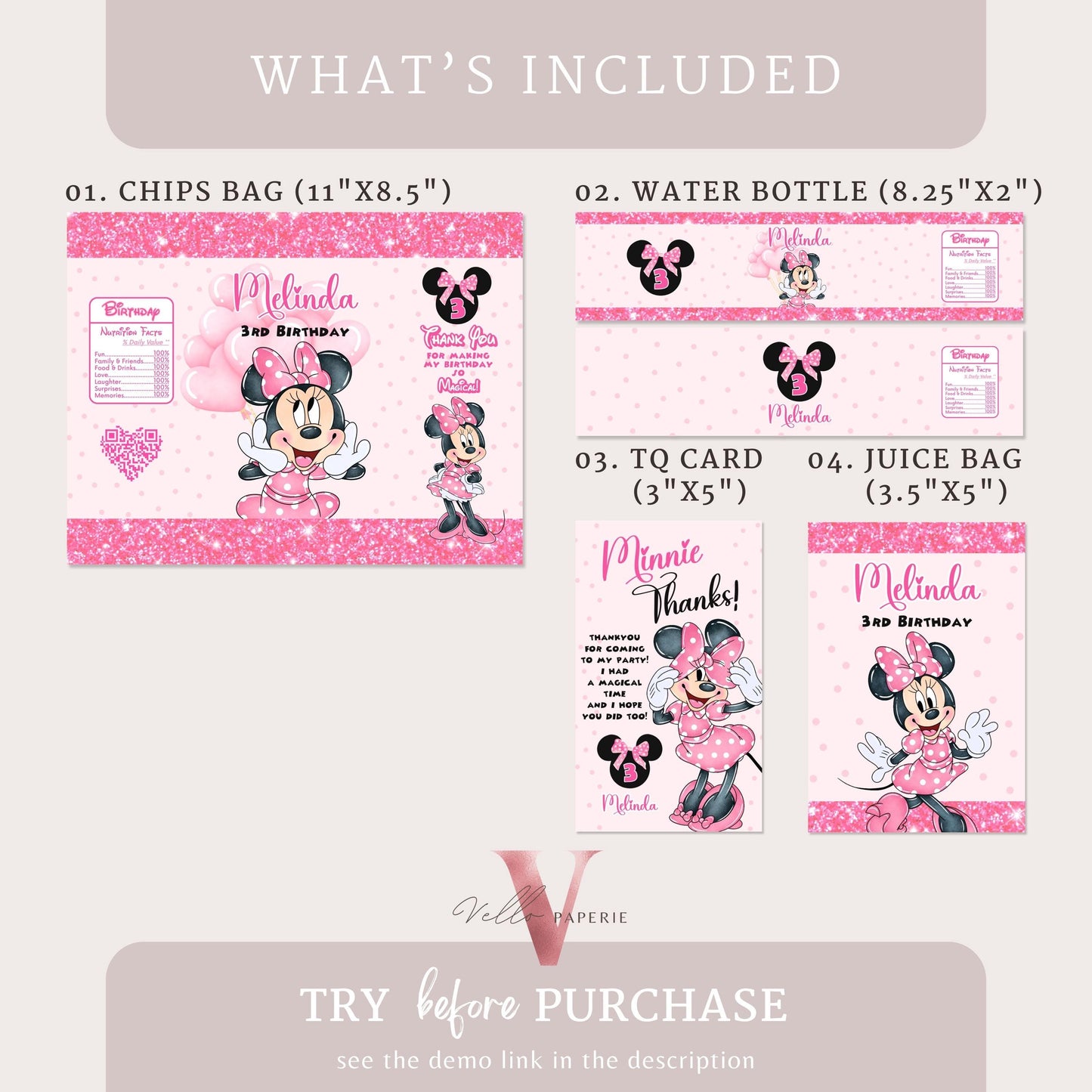 Editable Printable Any Age Minnie Mouse Birthday Party Favors | Glitter Pink Minnie Party Chip Bag, Water Bottle Label, Caprisun, TQ  MMB01