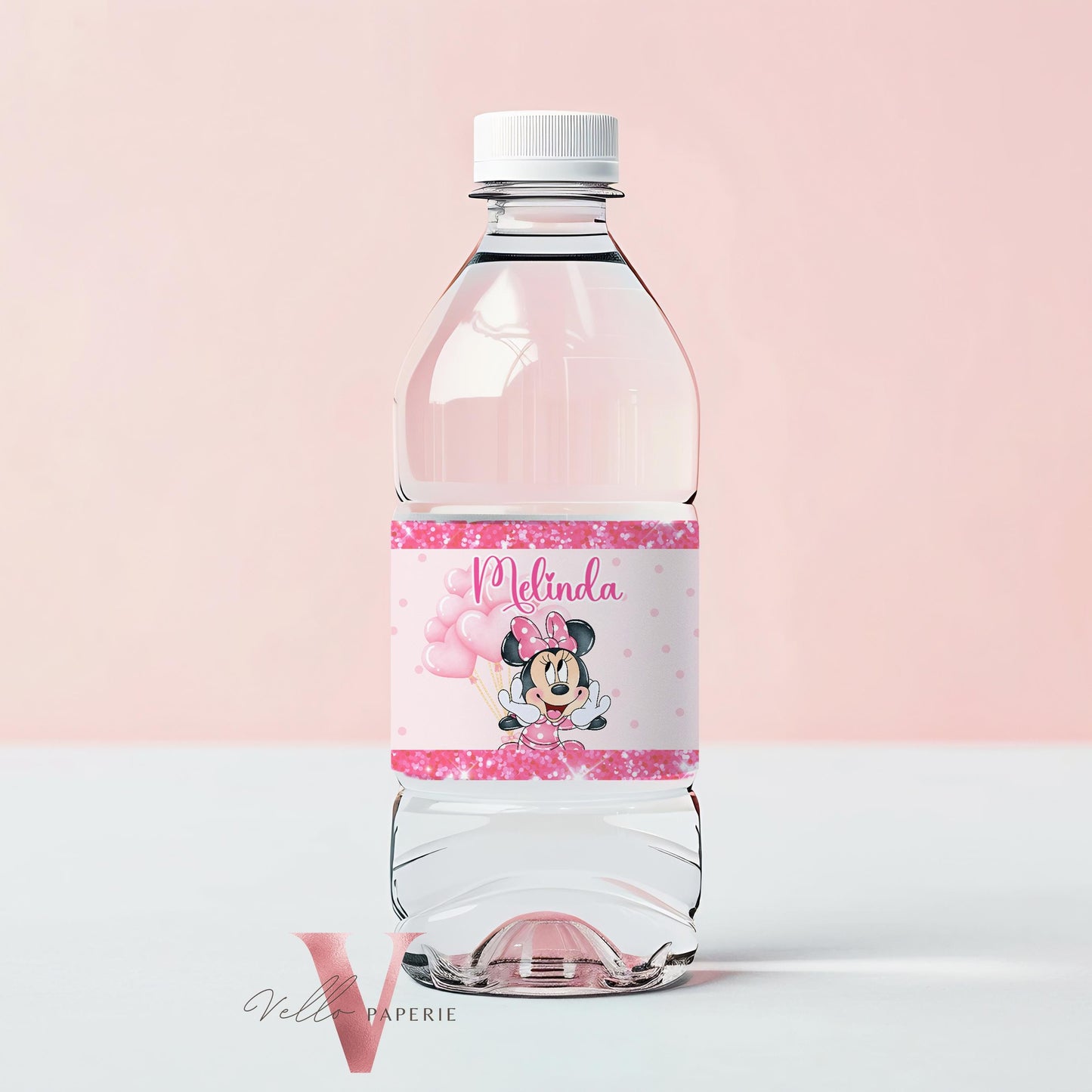 Self Editable Any Age Minnie Mouse Birthday Water Bottle Label | Glitter Pink Polkadot Minnie Party Glass Label, Party Favors Decor MMB02