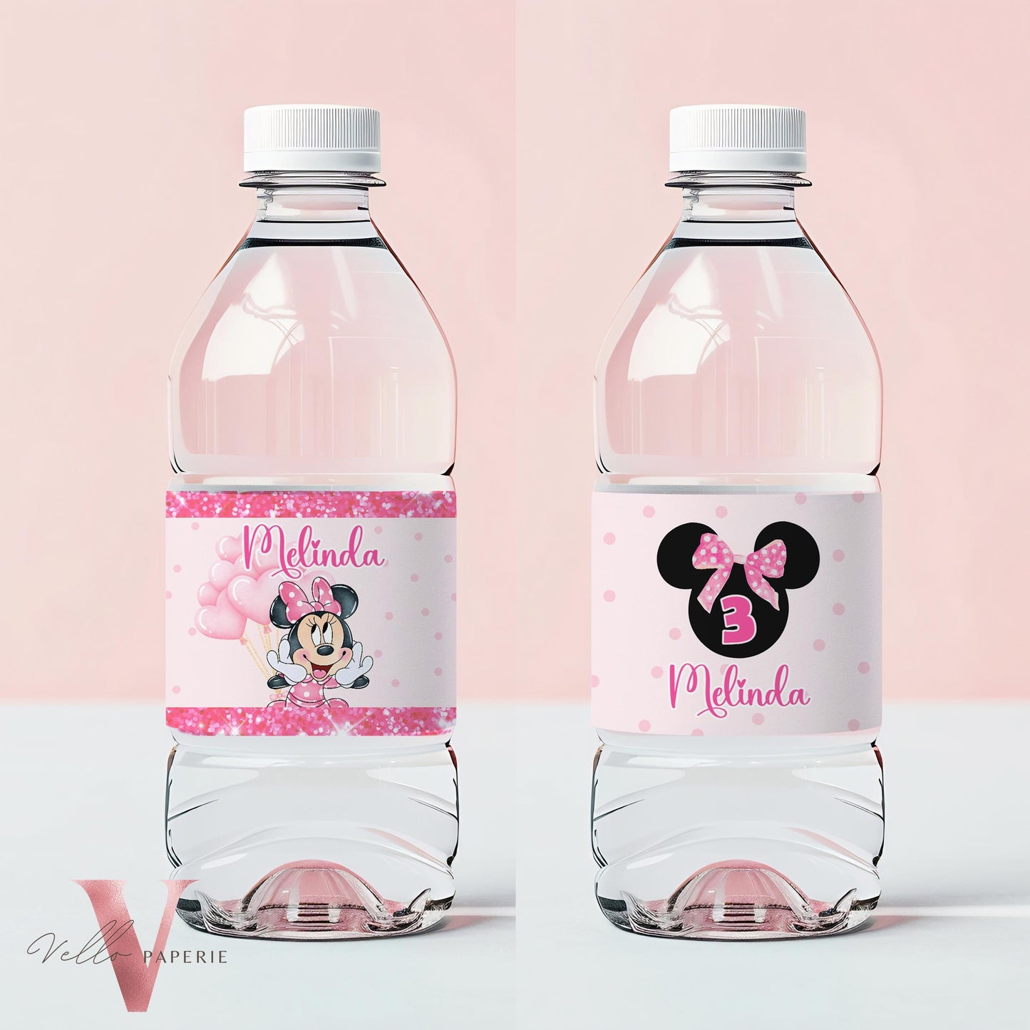 Self Editable Any Age Minnie Mouse Birthday Water Bottle Label | Glitter Pink Polkadot Minnie Party Glass Label, Party Favors Decor MMB02