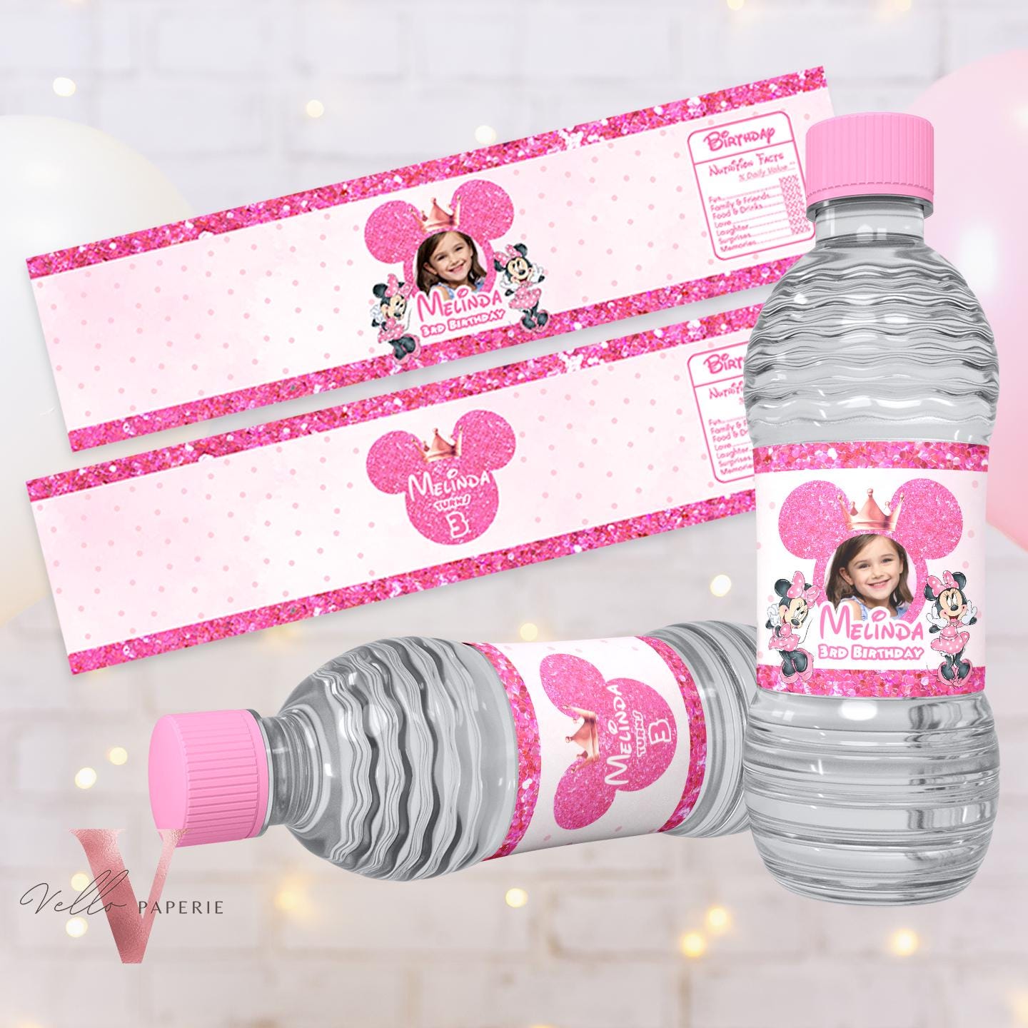 Self Editable Photo Minnie Mouse Birthday Party Favors | Glitter Pink Polkadot Minnie Party Water Bottle Label, Party Decor  MMB03