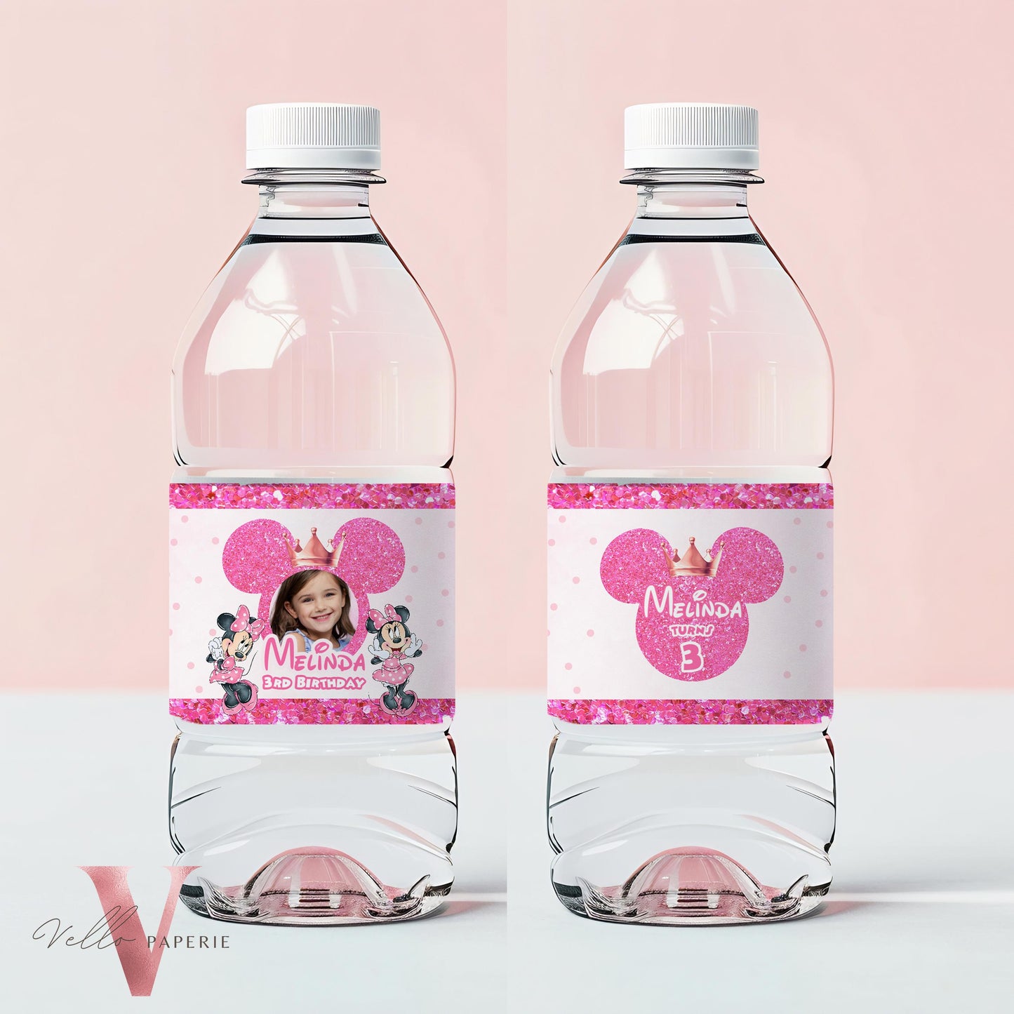 Self Editable Photo Minnie Mouse Birthday Party Favors | Glitter Pink Polkadot Minnie Party Water Bottle Label, Party Decor  MMB03