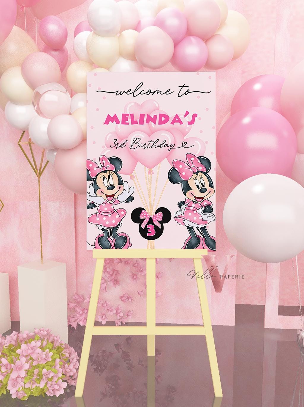 Self Edit Any Age Minnie Mouse Birthday Welcome Sign | Glitter Pink Polkadot Minnie Party Decor Sign | Balloon Minnie Pink Sign  MMB02