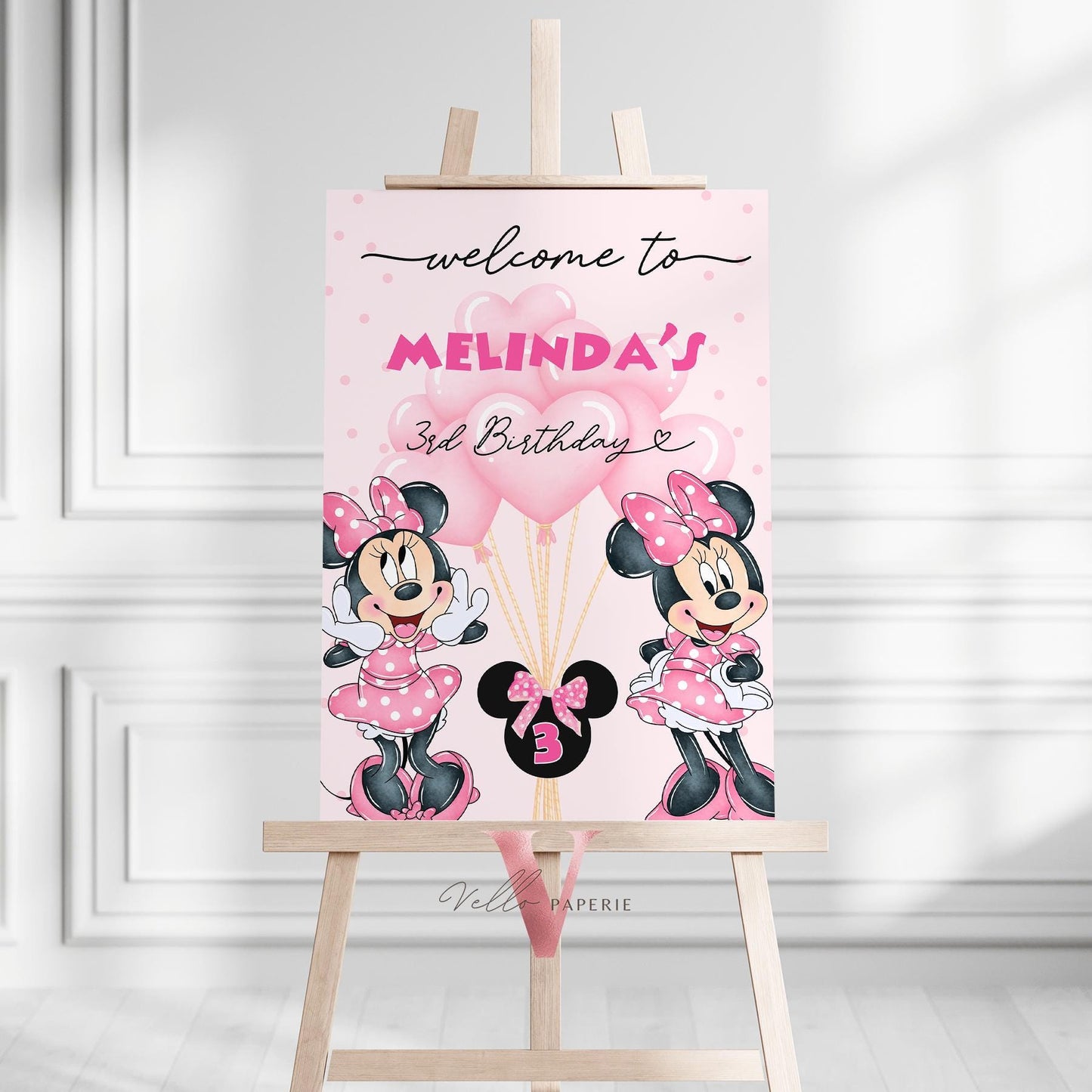 Self Edit Any Age Minnie Mouse Birthday Welcome Sign | Glitter Pink Polkadot Minnie Party Decor Sign | Balloon Minnie Pink Sign  MMB02