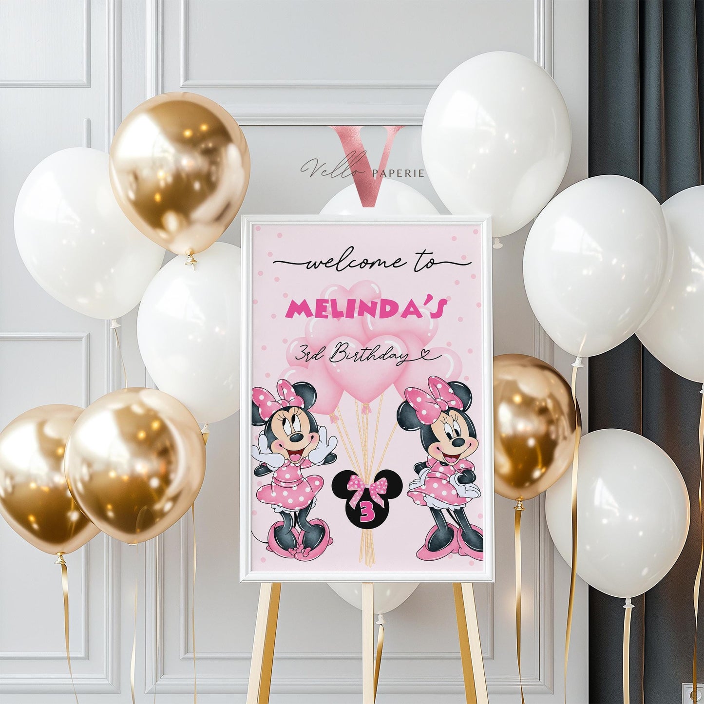 Self Edit Any Age Minnie Mouse Birthday Welcome Sign | Glitter Pink Polkadot Minnie Party Decor Sign | Balloon Minnie Pink Sign  MMB02