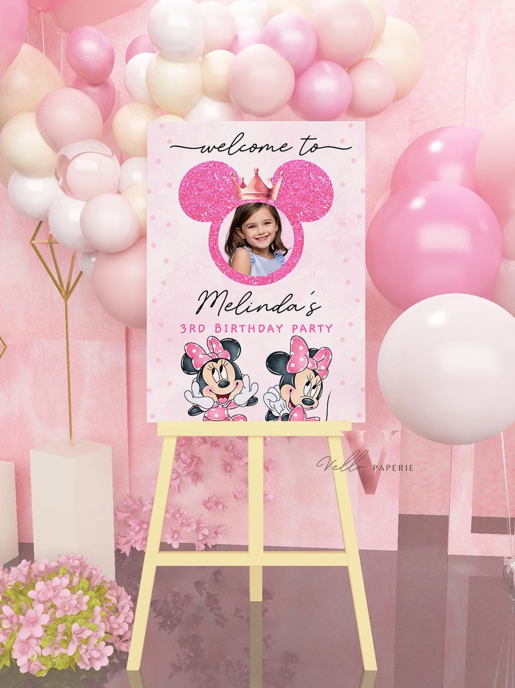 Self Editable Photo Minnie Mouse Birthday Welcome Sign | Glitter Pink Polkadot Minnie Party Decor Sign | Balloon Minnie Pink Sign  MMB03