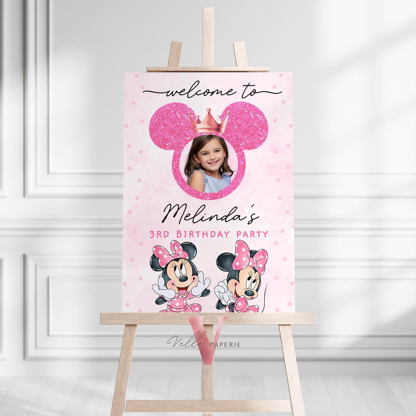 Self Editable Photo Minnie Mouse Birthday Welcome Sign | Glitter Pink Polkadot Minnie Party Decor Sign | Balloon Minnie Pink Sign  MMB03