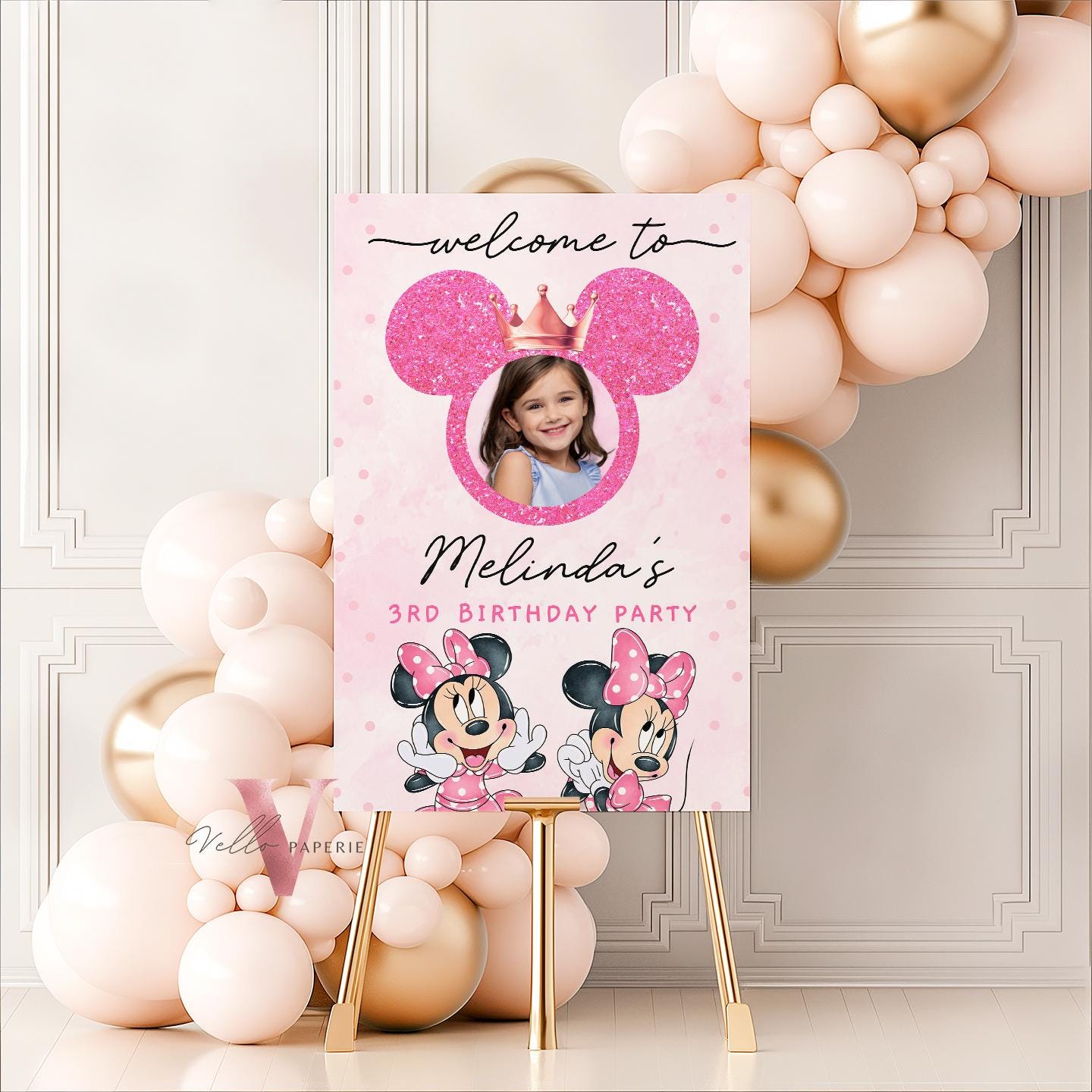 Self Editable Photo Minnie Mouse Birthday Welcome Sign | Glitter Pink Polkadot Minnie Party Decor Sign | Balloon Minnie Pink Sign  MMB03