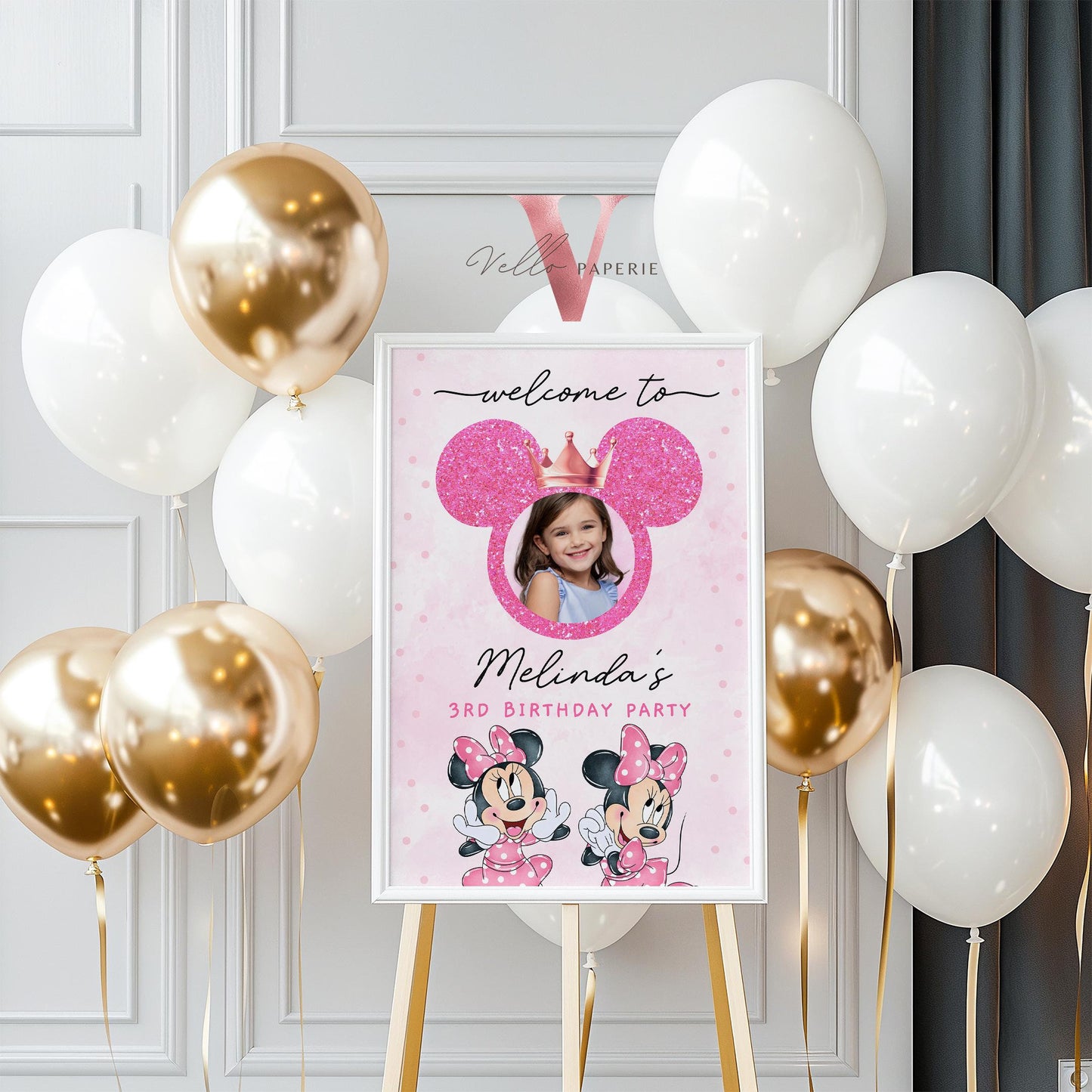 Self Editable Photo Minnie Mouse Birthday Welcome Sign | Glitter Pink Polkadot Minnie Party Decor Sign | Balloon Minnie Pink Sign  MMB03