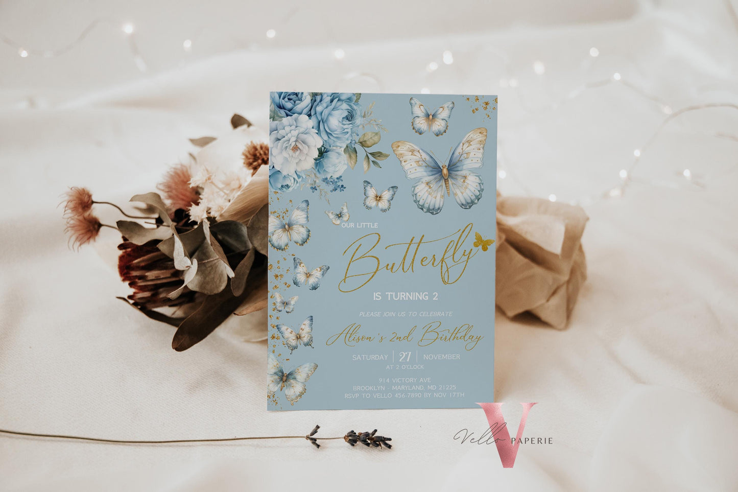 Blue Gold Glitter Watercolor Butterfly Birthday Party Invitation | A little butterfly Any Age Party Invite | Blue Sparkle Butterfly Card