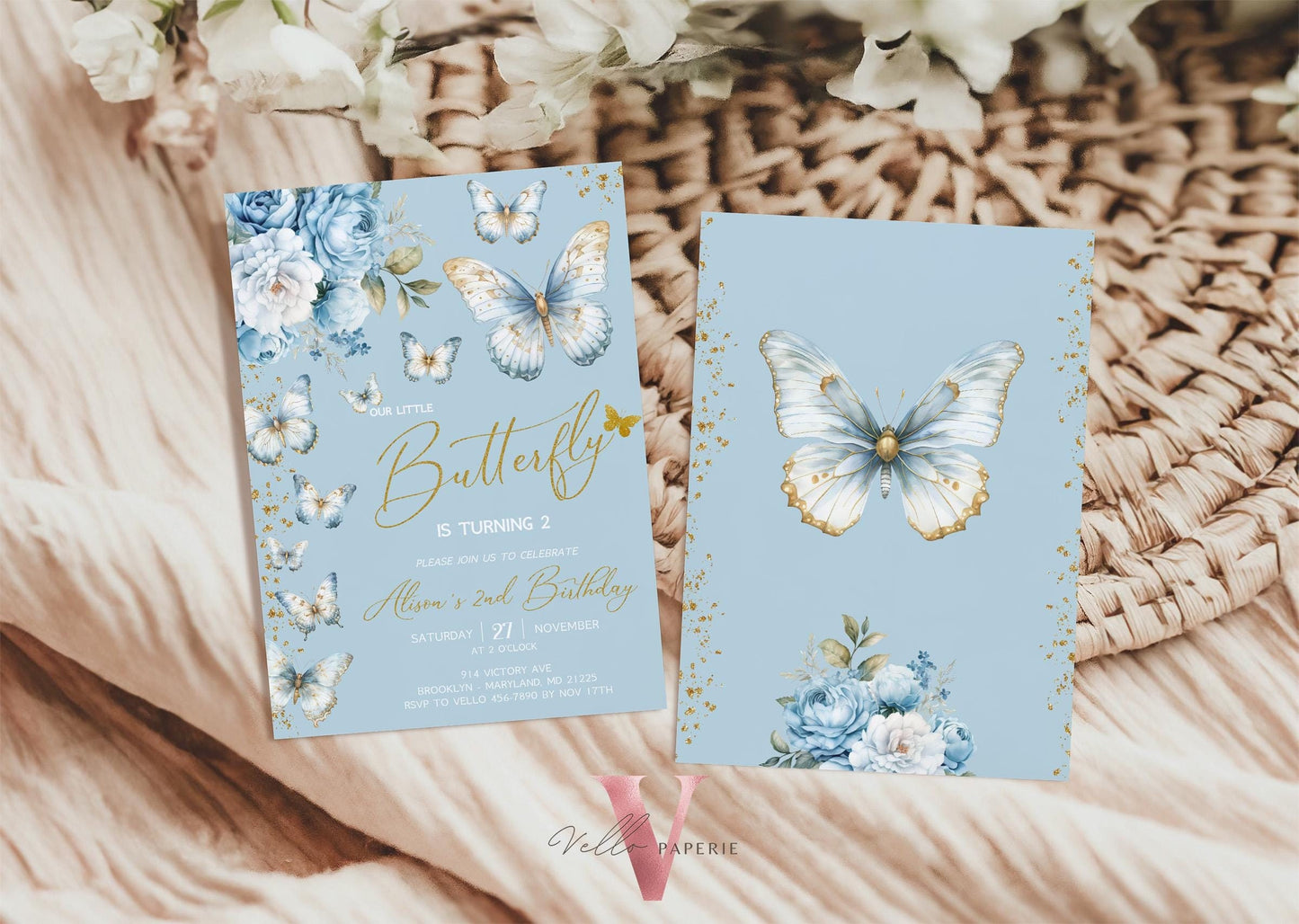 Blue Gold Glitter Watercolor Butterfly Birthday Party Invitation | A little butterfly Any Age Party Invite | Blue Sparkle Butterfly Card