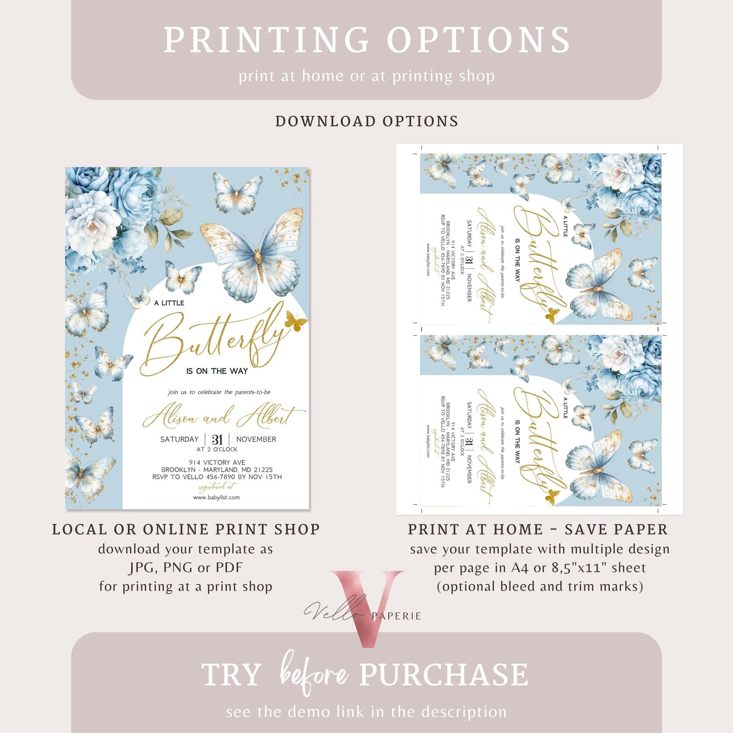 Blue Gold Glitter Watercolor Butterfly Baby Shower Party Invitation | A little butterfly Baby Party Invite | Blue Sparkle Butterfly Card