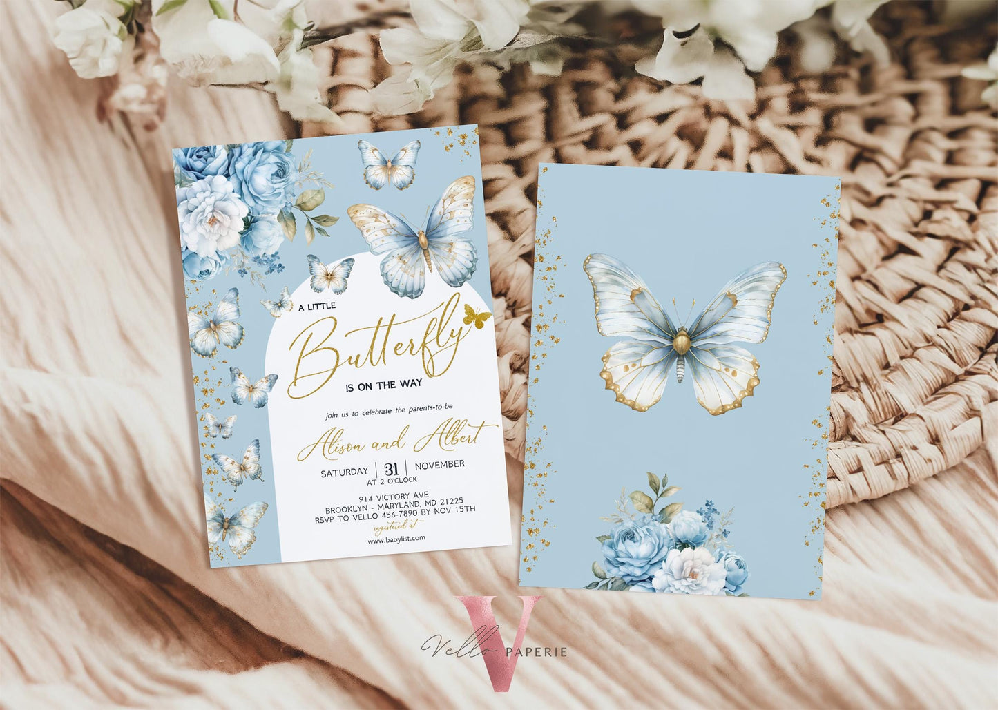 Blue Gold Glitter Watercolor Butterfly Baby Shower Party Invitation | A little butterfly Baby Party Invite | Blue Sparkle Butterfly Card