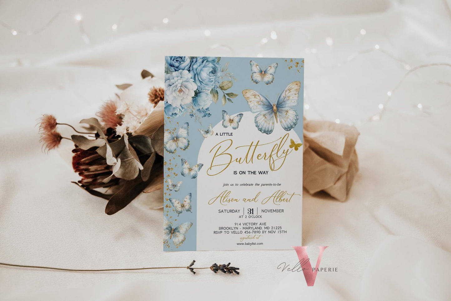 Blue Gold Glitter Watercolor Butterfly Baby Shower Party Invitation | A little butterfly Baby Party Invite | Blue Sparkle Butterfly Card