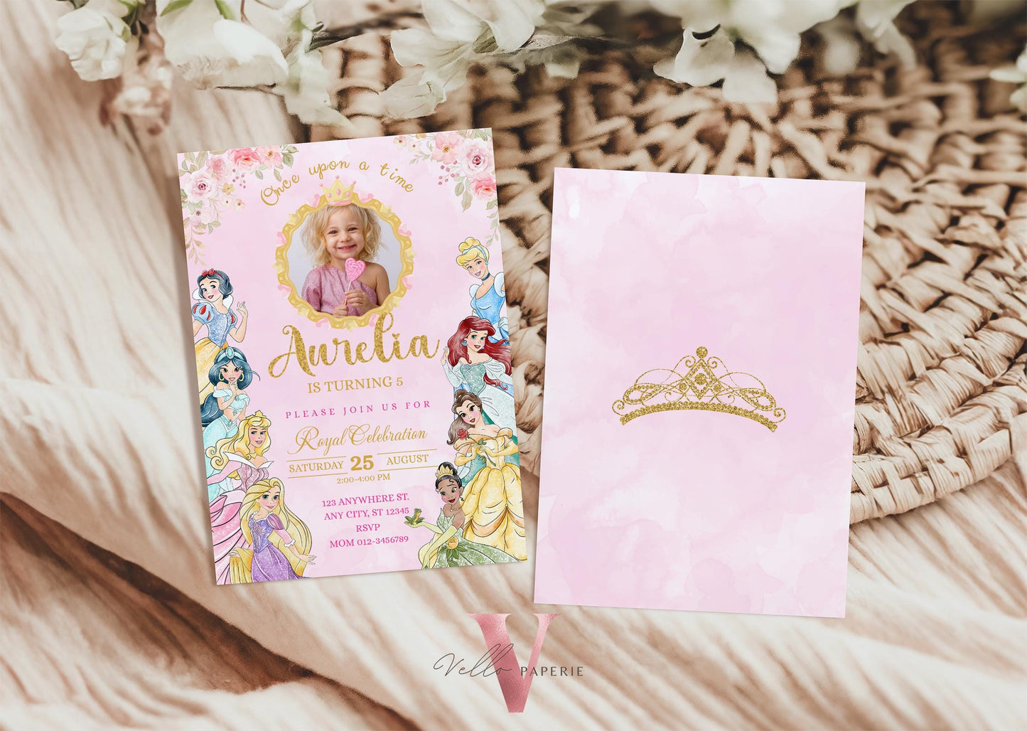 princess birthday photo invitation, once upon a time birthday party girl, pink gold princess watercolor invite editable instant download