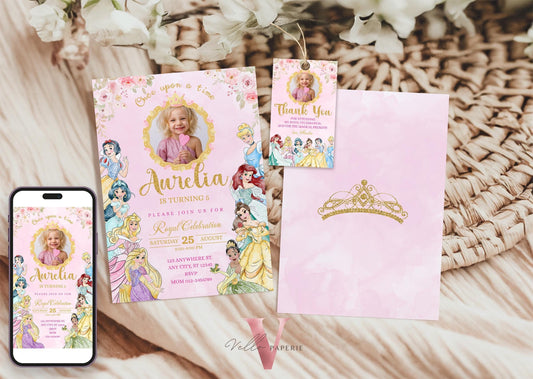 princess birthday photo invitation, once upon a time birthday party girl, pink gold princess watercolor invite editable instant download