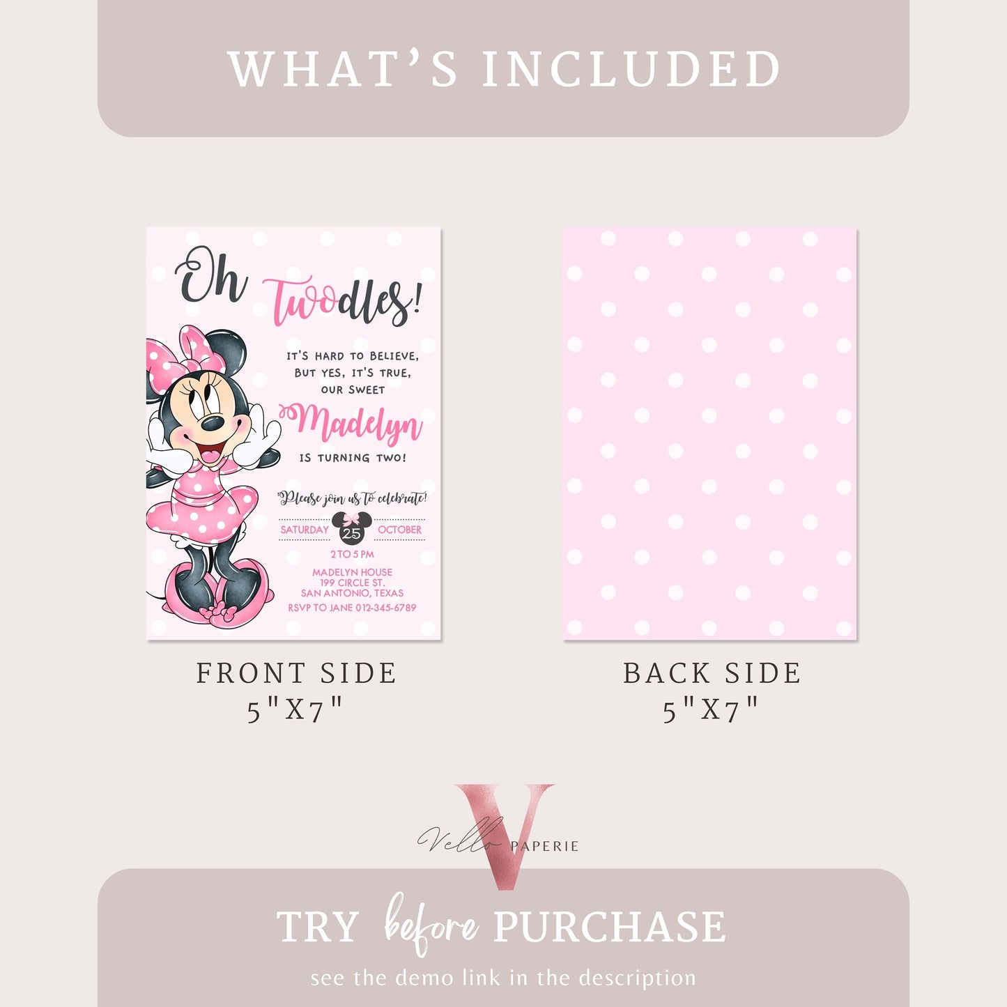 Self Editable Oh TWOdles Minnie Mouse Birthday Invitation, Light Pink Polka Dot Invite 2year old Girl Second Birthday Instant Download MMB01