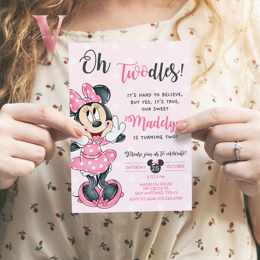 Self Editable Oh TWOdles Minnie Mouse Birthday Invitation, Light Pink Polka Dot Invite 2 years Girl Second Birthday Instant Template MMB01