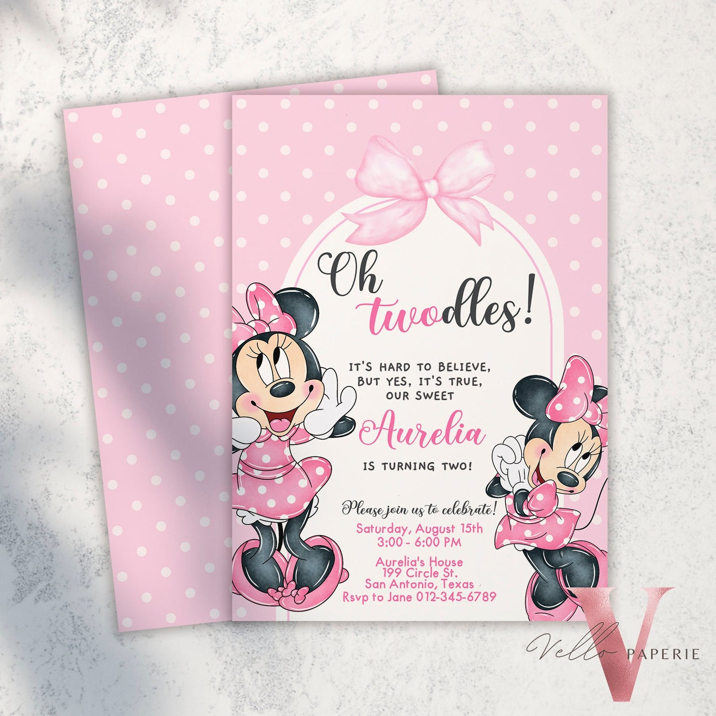 Self Editable Oh TWOdles Minnie Mouse Birthday Invitation, Light Pink Polka Dot Invite, 2 year old Girl Second Birthday Instant Download