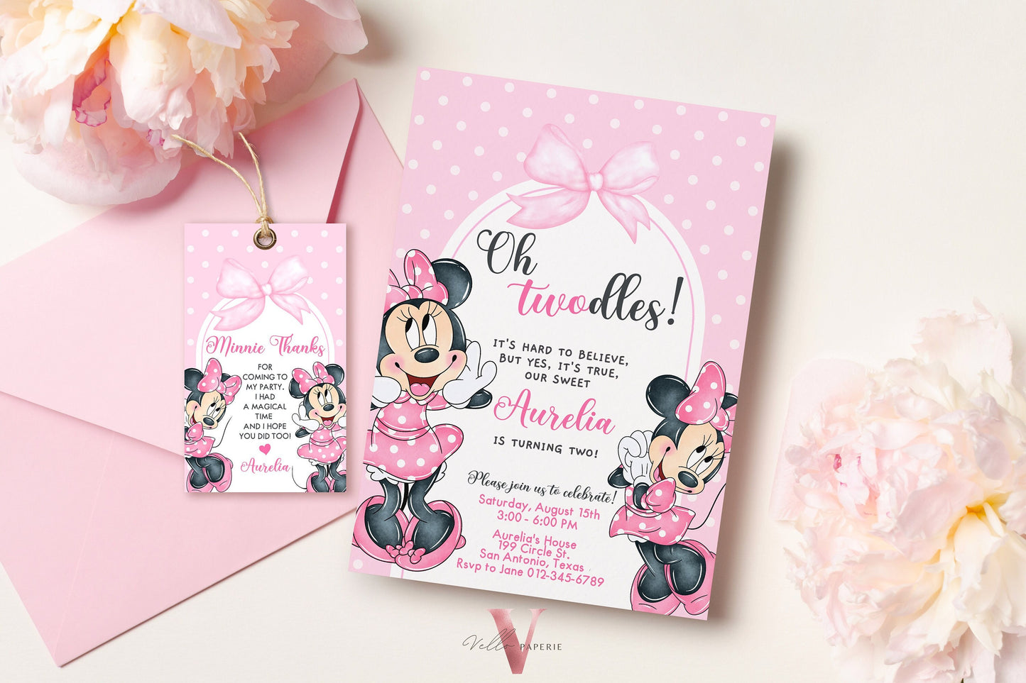 Self Editable Oh TWOdles Minnie Mouse Birthday Invitation, Light Pink Polka Dot Invite, 2 year old Girl Second Birthday Instant Download