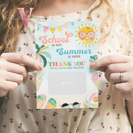 Editable Printable School is Out Summer is Here Gift Card | Beach Summer Theme Gift Tag Watercolor | Teacher Summer Beach Gift Vouchers