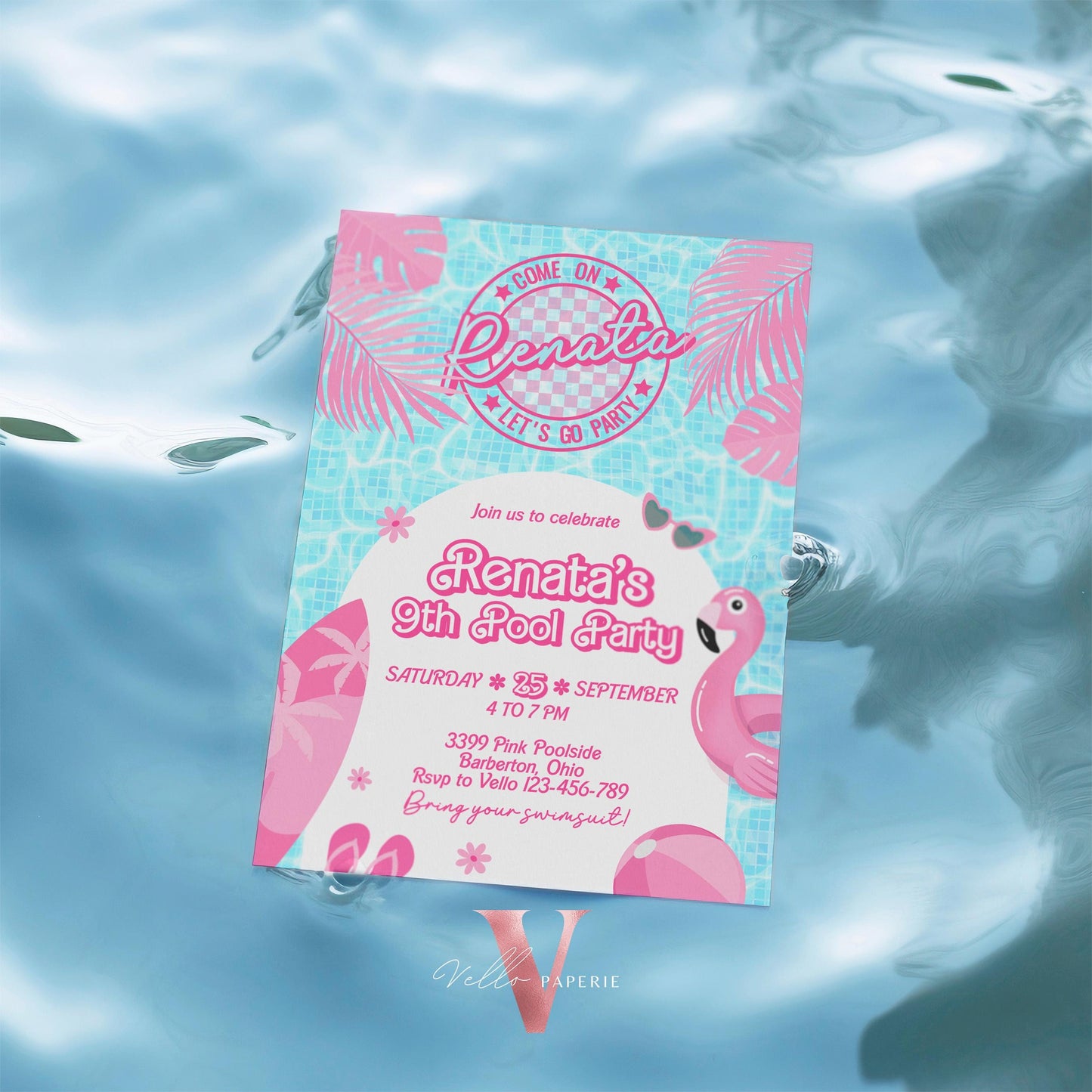 Pink Doll Pool Birthday Invitation | Editable Printable Malibu Pool Party Invite | Pink Blue Malibu Come On Lets Go Party Instant Download