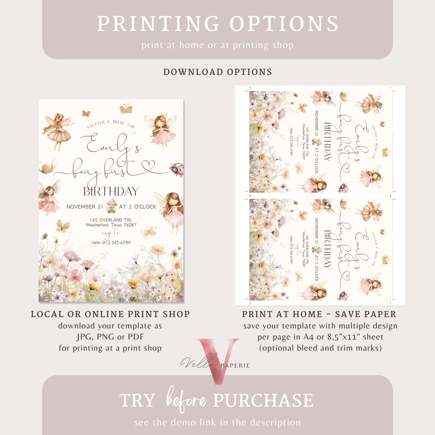 Editable Fairy First Birthday Invitation | Printable Garden Fairy Magical Butterfly | Whymsical Girl 1st Party Invite | Instant Template