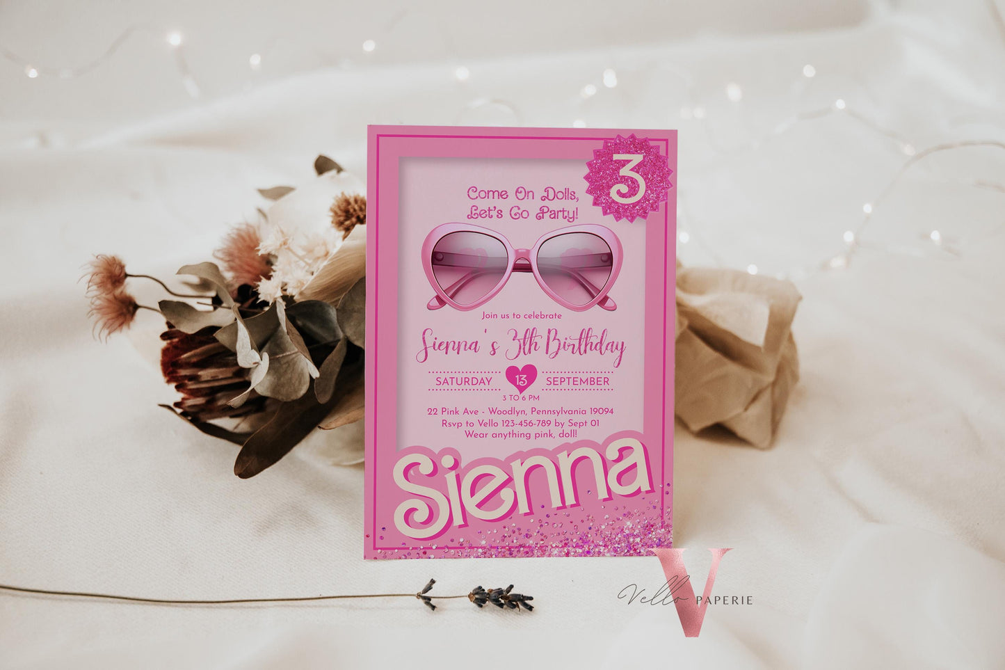 Glam Sunglasses Pink Fashion Doll Birthday Invitation | Modern Pink Doll Box Glitter Come On Lets Go Pink Party Invite Instant Template