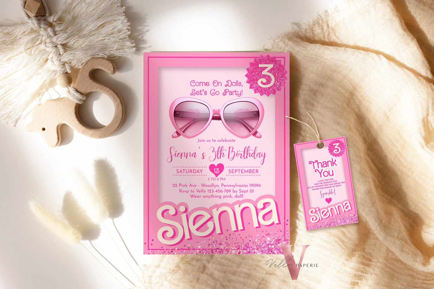 Glam Sunglasses Pink Fashion Doll Birthday Invitation | Modern Pink Doll Box Glitter Come On Lets Go Pink Party Invite Instant Template