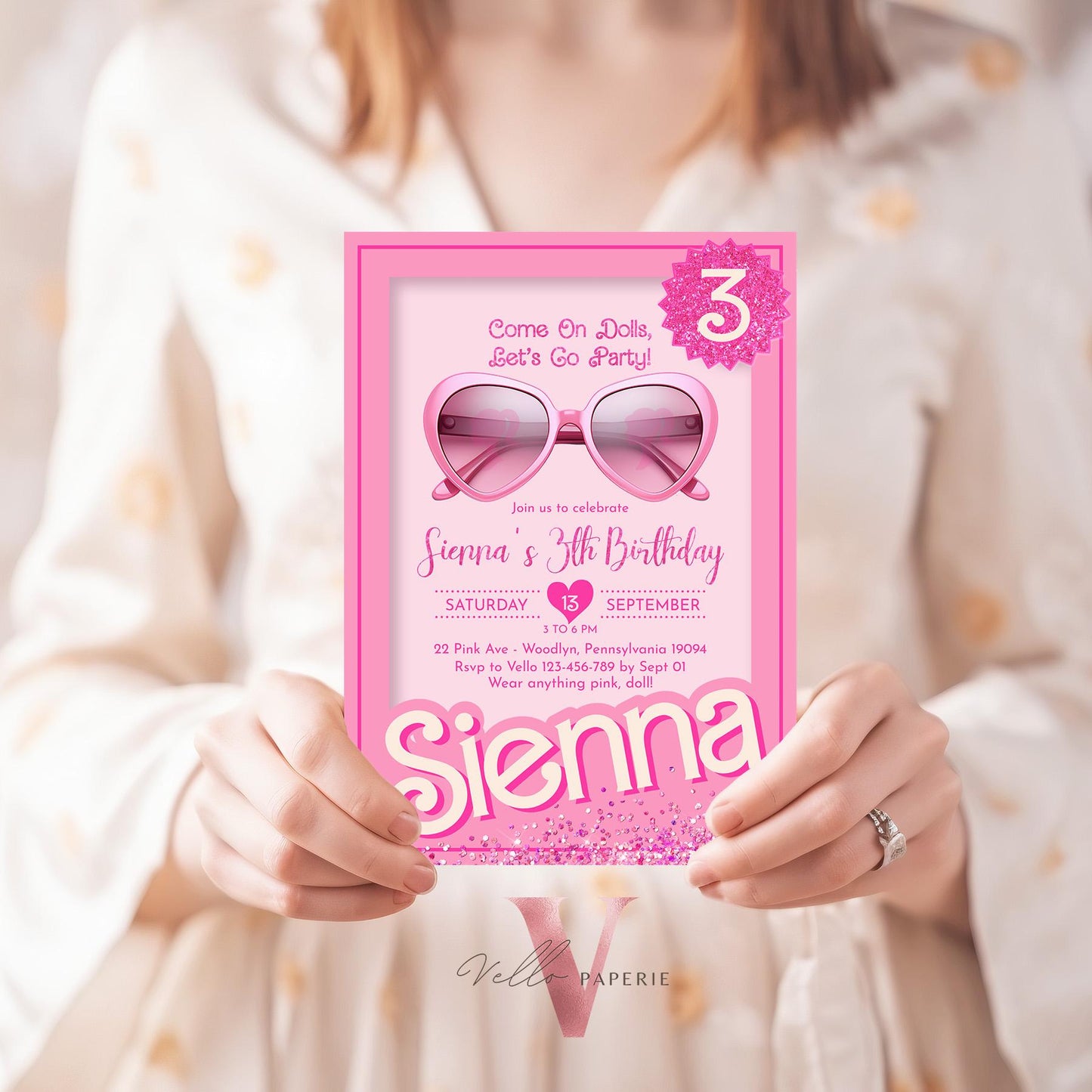 Glam Sunglasses Pink Fashion Doll Birthday Invitation | Modern Pink Doll Box Glitter Come On Lets Go Pink Party Invite Instant Template