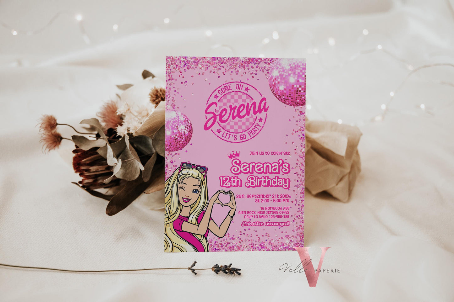 Glam Pink Sparkle Fashion Doll Box Birthday Invitation | Disco Ball Pink Doll Glitter Come On Lets Go Party Invite Instant Template