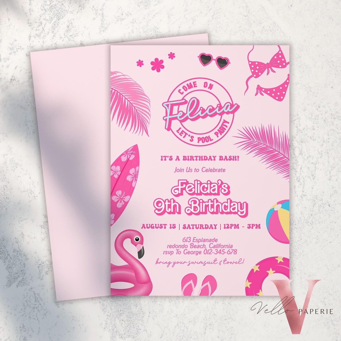 Pink Doll Pool Birthday Invitation | Editable Printable Malibu Pool Party Invite | Pink Blue Malibu Come On Lets Go Party Instant PDP01