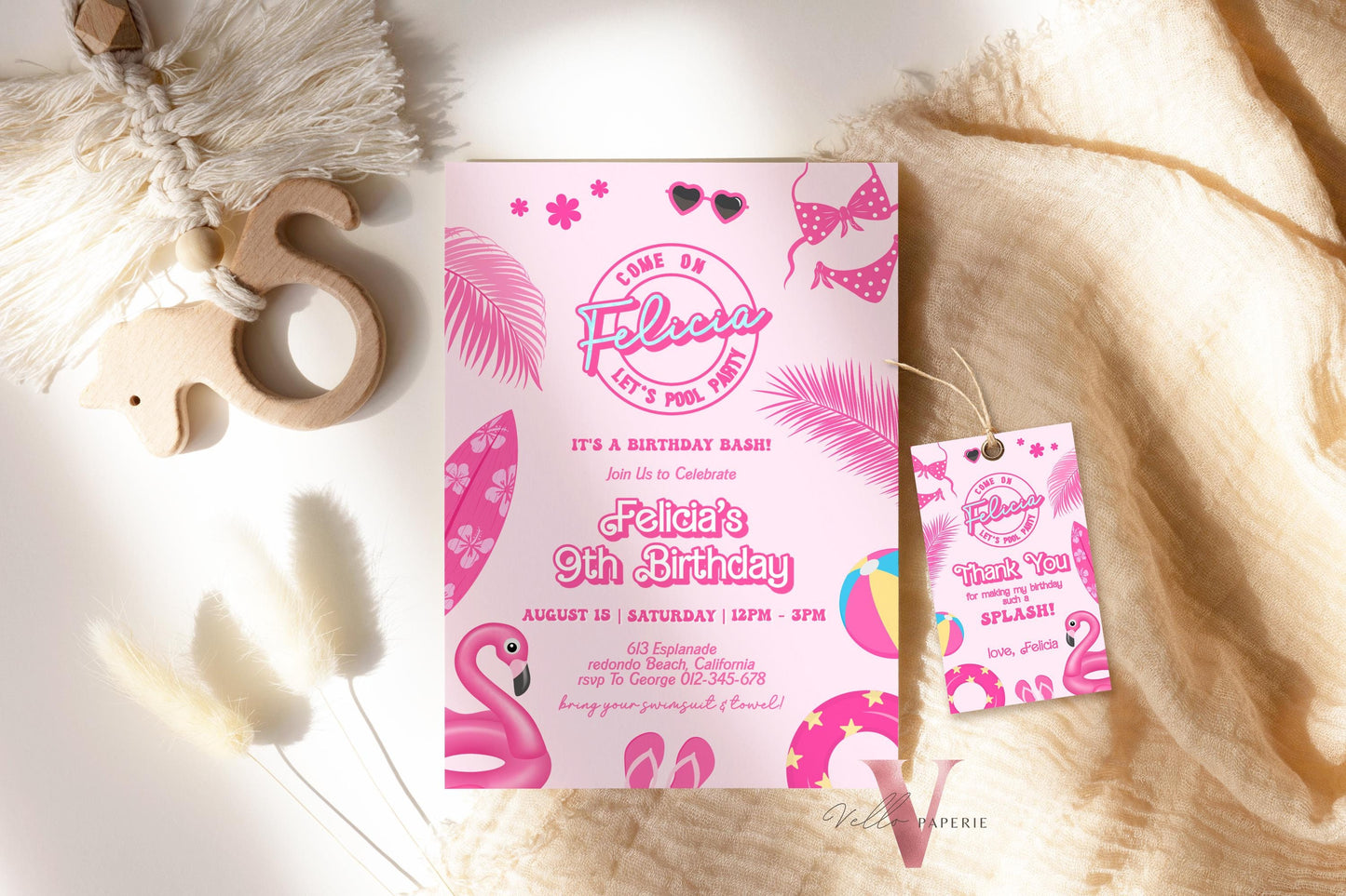 Pink Doll Pool Birthday Invitation | Editable Printable Malibu Pool Party Invite | Pink Blue Malibu Come On Lets Go Party Instant PDP01