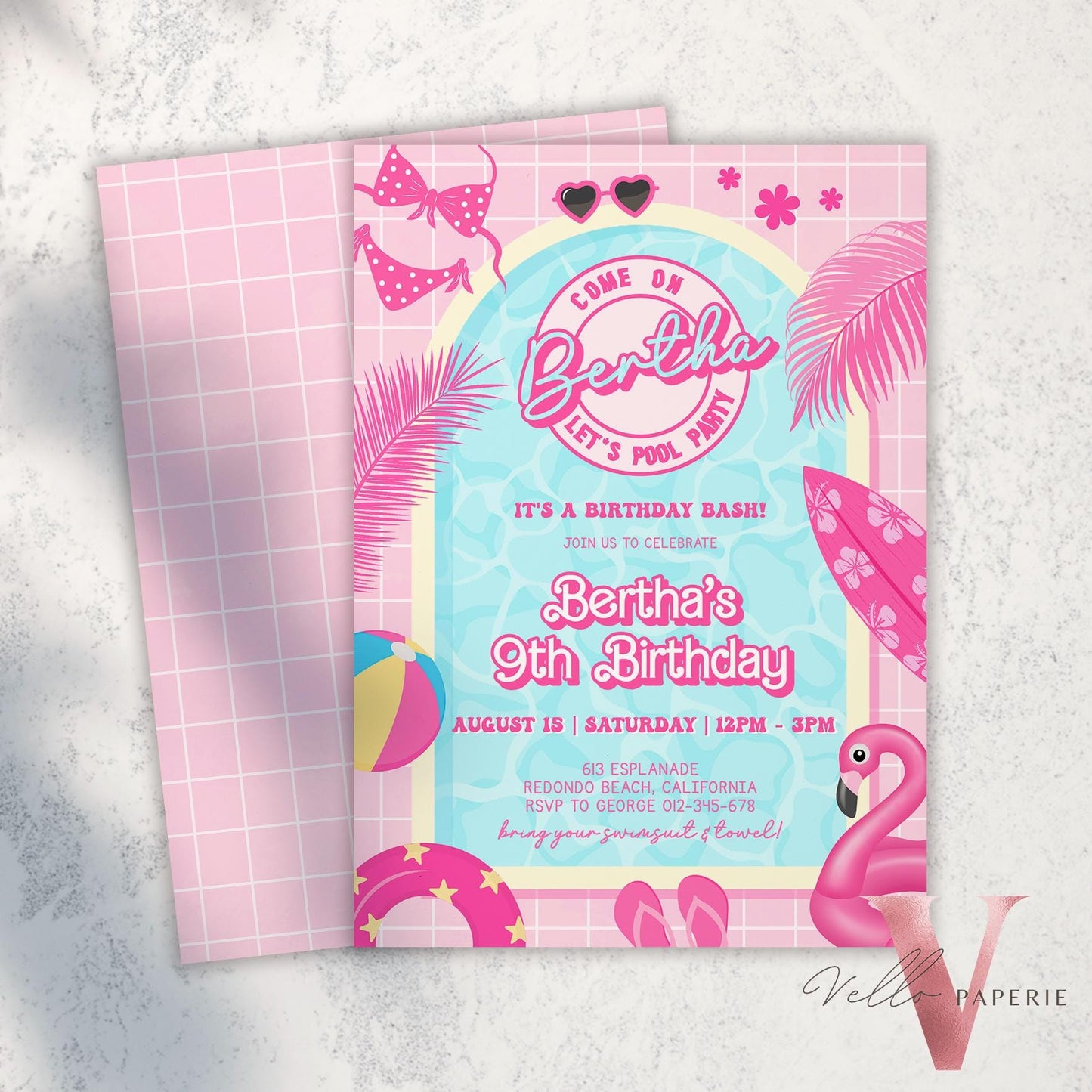 Pink Doll Pool Birthday Invitation | Editable Printable Malibu Pool Party Invite | Pink Blue Malibu Come On Lets Go Party Instant  PDP01