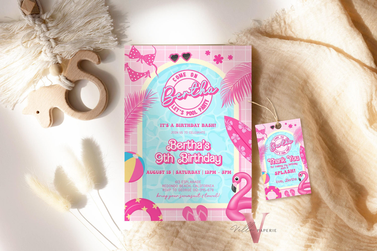 Pink Doll Pool Birthday Invitation | Editable Printable Malibu Pool Party Invite | Pink Blue Malibu Come On Lets Go Party Instant  PDP01