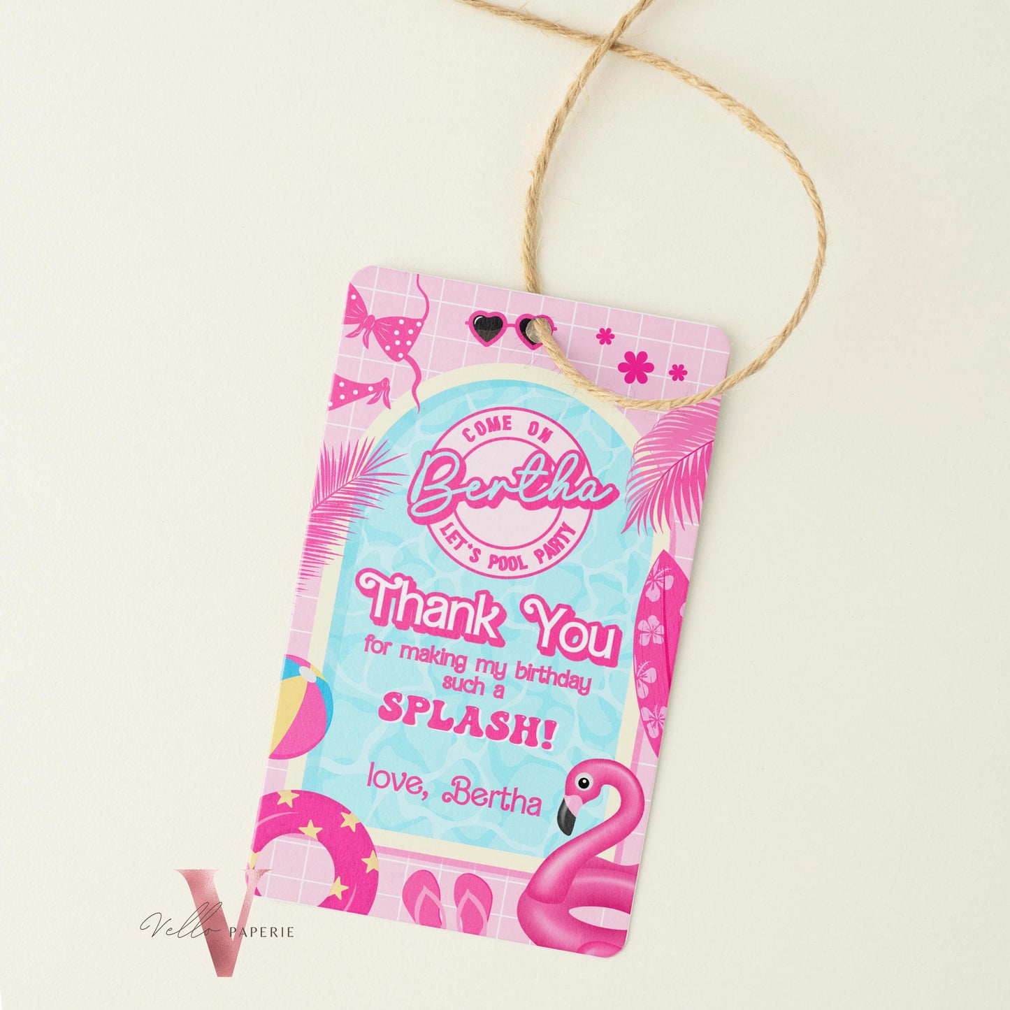 Pink Doll Pool Birthday Thankyou Card | Editable Printable Malibu Pool Party Favor Tag | Pink Blue Malibu Come On Lets Go Party Gift  PDP01