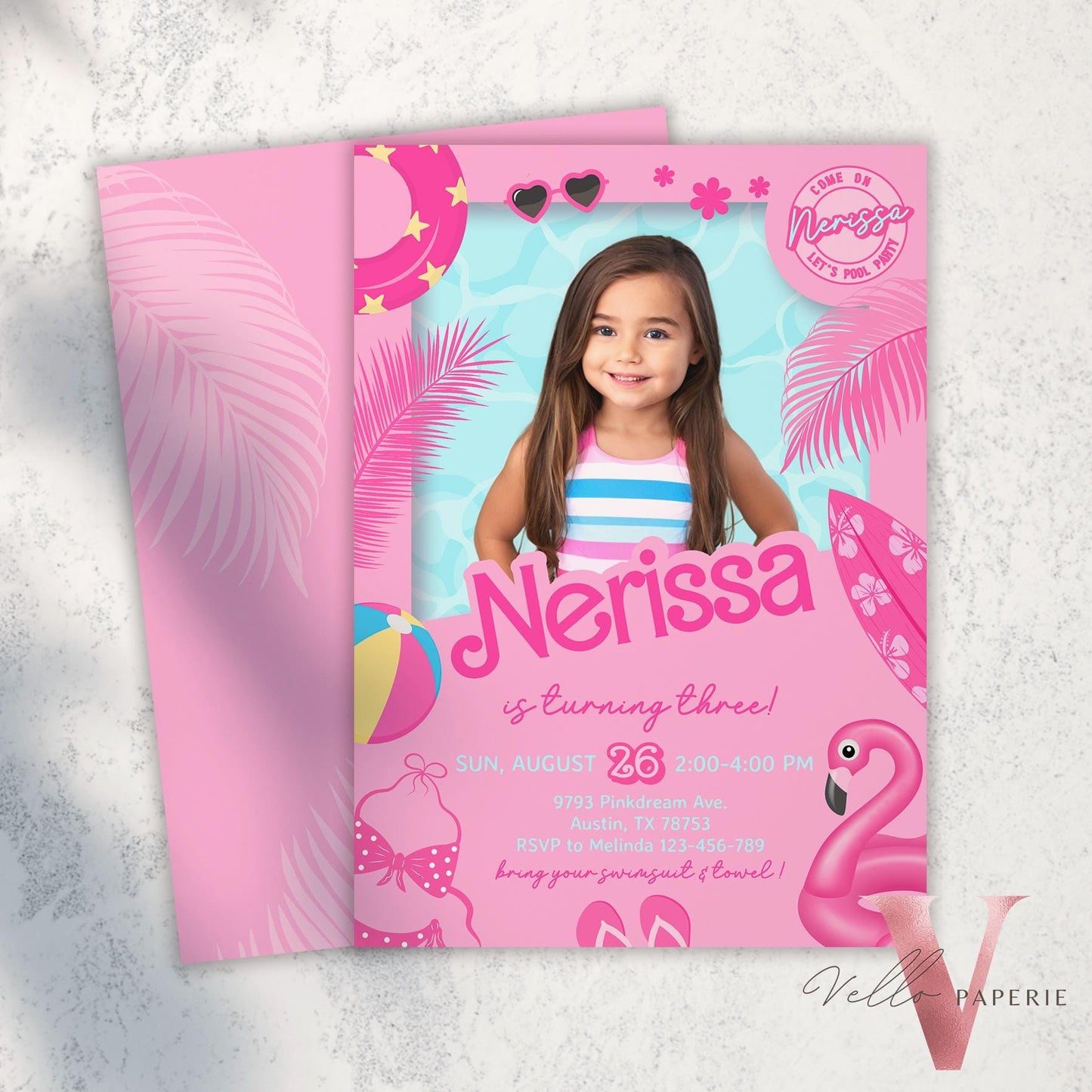 Self Edit Photo Pink Doll Pool Birthday Invitation | Editable Printable Malibu Pool Party Invite | Pink Blue Malibu Come On Lets Go Party