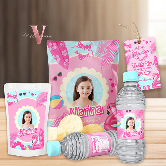 Photo Pink Doll Pool Birthday Party Favors | Malibu Pool Party Decor | Pink Blue Malibu Chip Bag, Water Bottle Label, Caprisun, TQ Tag PDP01